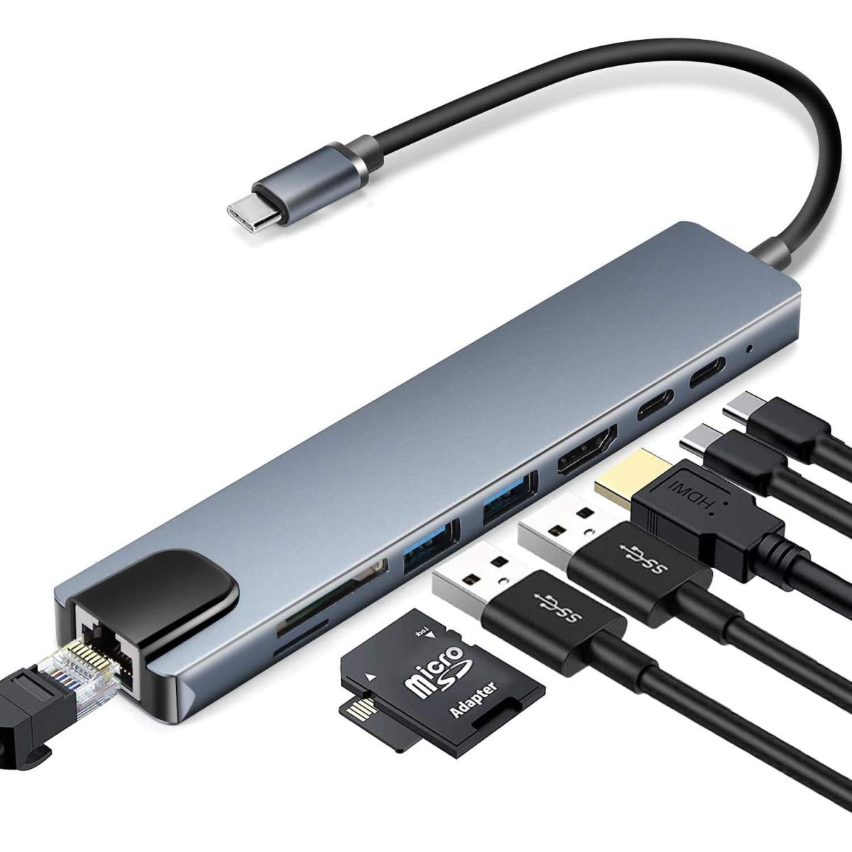 USB Type-C 8-in-1 Hub (HDMI, Ethernet, USB, SD/TF, PD)